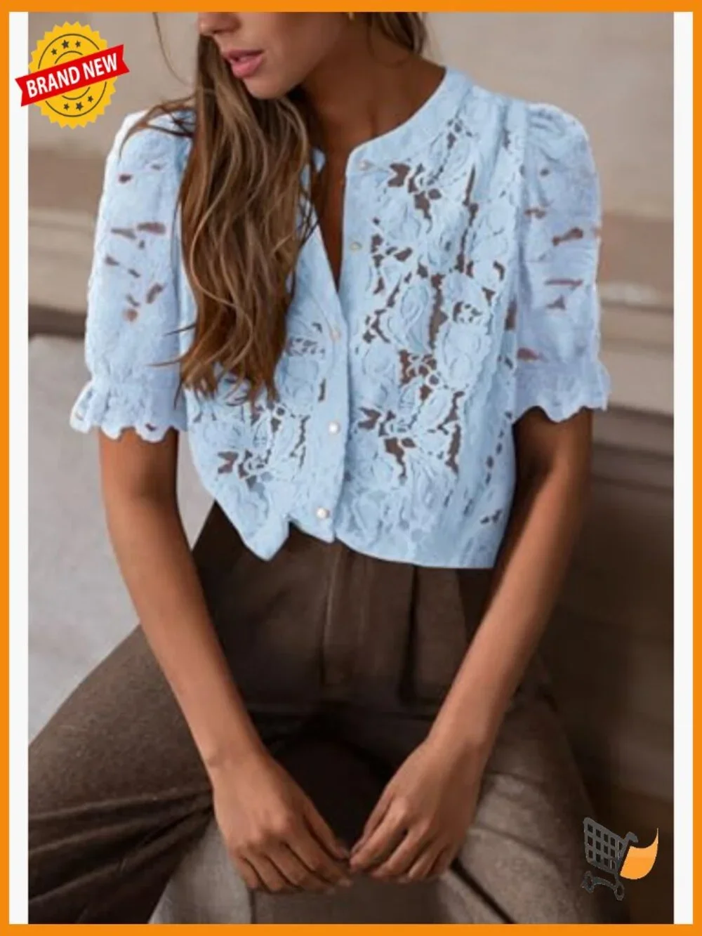 Spring Lace Blouse Short Puff Sleeve Crew Neck Button Down Casual Dressy Top - Picture 3 of 7